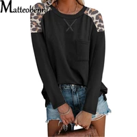 2021 autumn new ladies fashion leopard printing splice t shirt casual loose o neck long sleeve pockets hot sale t shirt