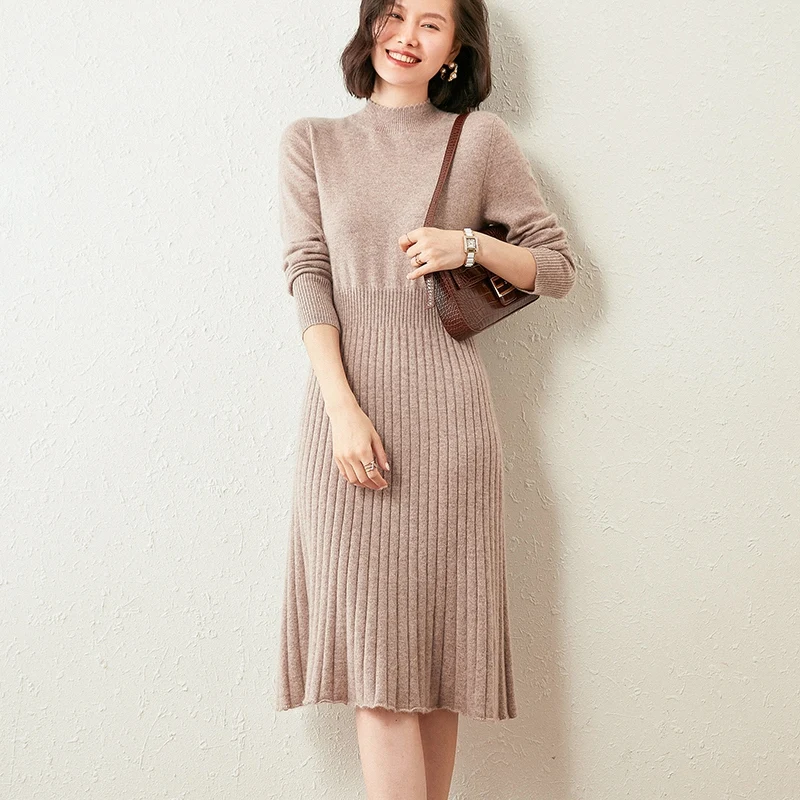 

Ladies Dress Hot Sale Pure Goat Cashmere Knitting Dresses Winter New Fashion Top Grade 6Colors Oneck Women Dress