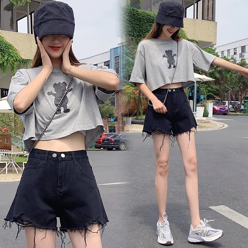 

2020 New Summer Women High Waist Loose Hole Blue Denim Shorts Casual Female Wide Leg Black Streetwear Jeans Shorts