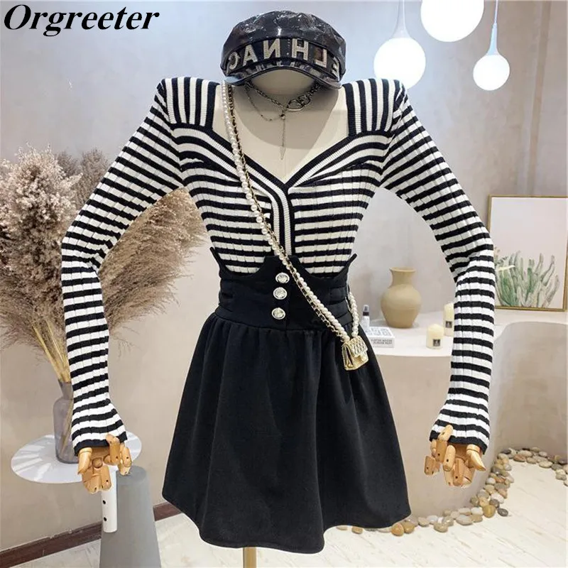 

Spring Korean Fashion Retro Knit Two Piece Set Women Square collar Striped Sweater Tops + High Waist Mini Skirts Suit Female