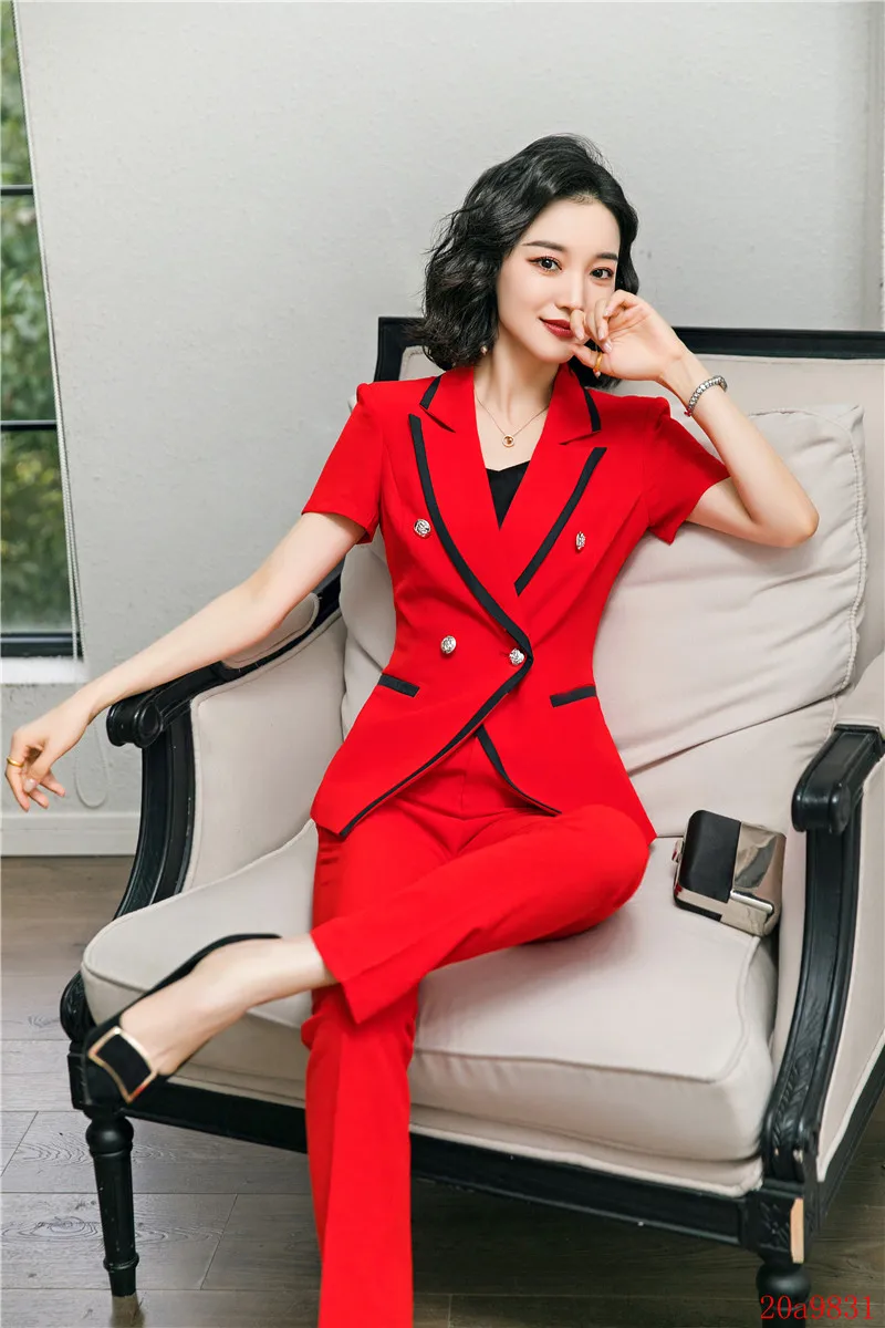 Летний модный женский красный Блейзер женские деловые костюмы с юбкой и курткой