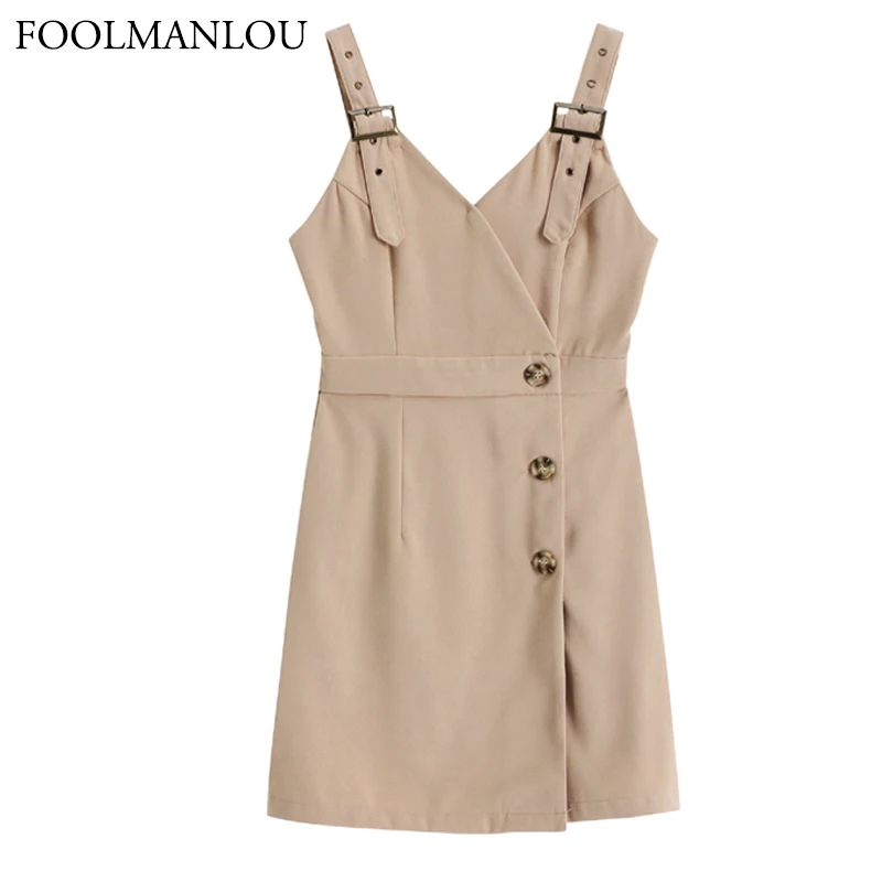 

Khaki Safari Style Women's Dress Elegant Solid Strap Button Mini Dress Sleeveless V Neck 2021 Spring Summer