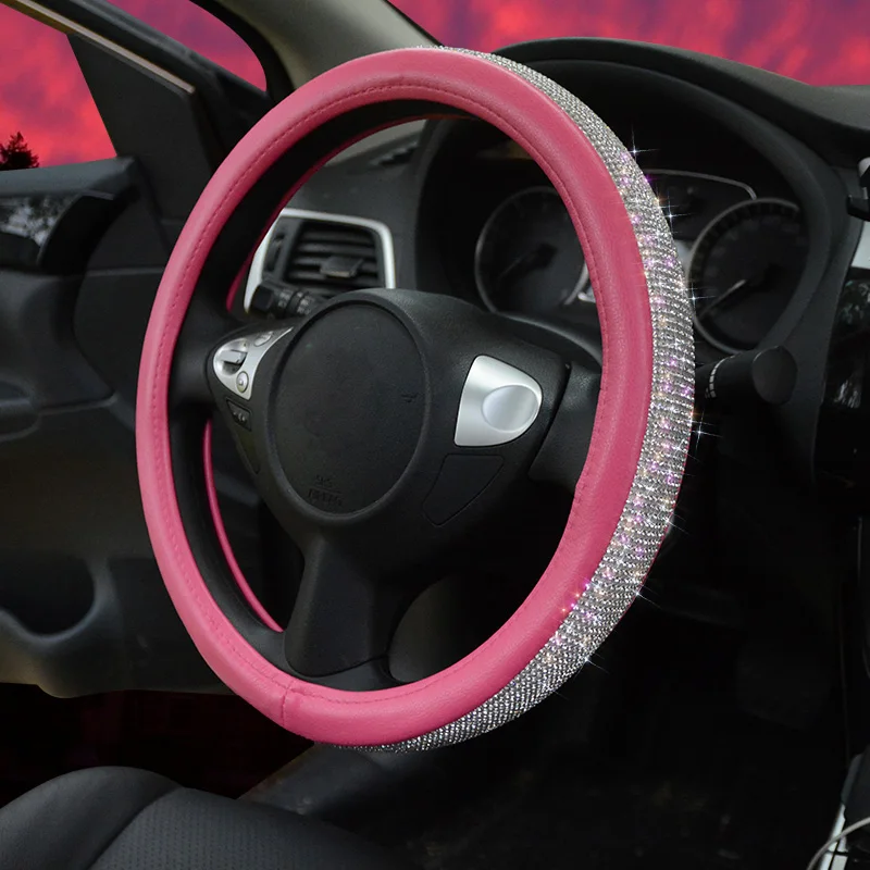 

Crystal Rhinestone Universal Steering Wheel Covers Leather Steering-Wheel Cover Car Accessories Interior Women Car Decoration