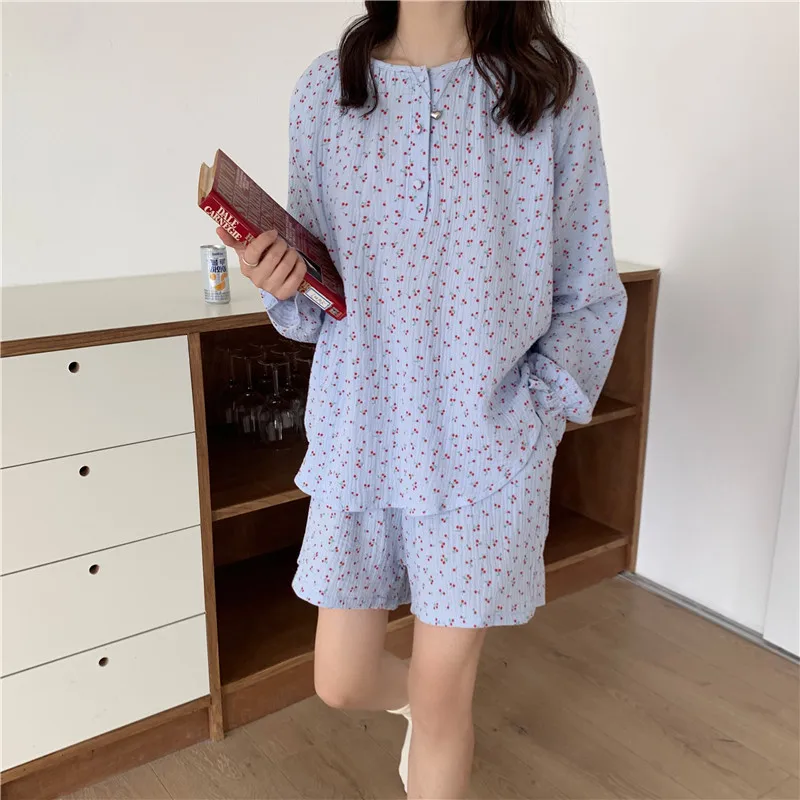 

CBAFU 100% cotton sleepwear women pajamas set spring summer home suit cherry print long sleeve pullovers shorts 2 piece set M920