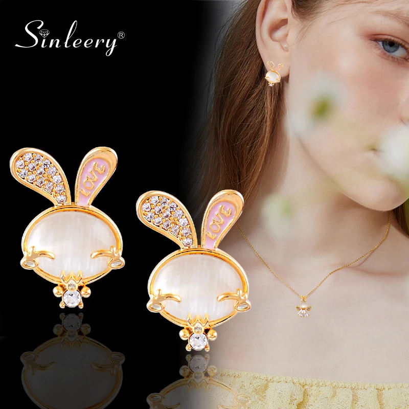 

SINLEERY Lovely Cute Opal Rabbit Stud Earring For Women Gold Color Earrings Fashion Jewelry Accessories ES573 SSO