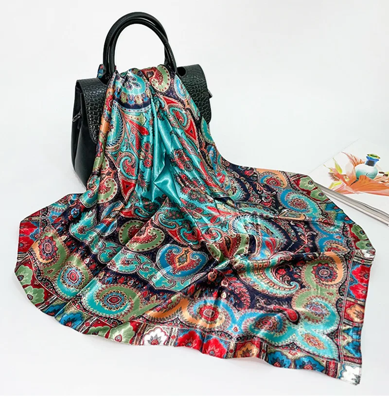 

Women's Artificial Silk Scarf Large Kerchief 90cm Closed Toe Shawl Paisley Printed Custom Satin Scarf Jersey Hijab