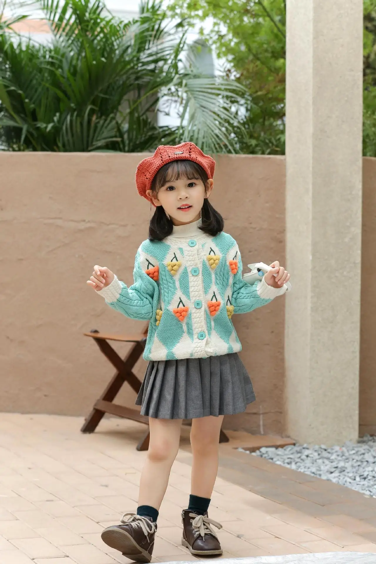 

Girls Winter Autumn Clothes Kids Cute Grape Plaid Knitted Jacket Baby Girl Sweet Casual Costume 2-6 Years Children Clothing