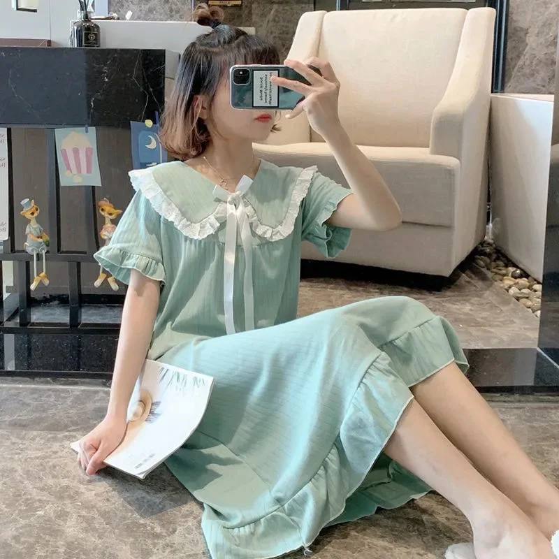 

Summer Women's Nightdress Milk Silk Pure Color Hedging Doll Collar Sweet and Cute Princess Style Nightgown Can Be Worn Outside