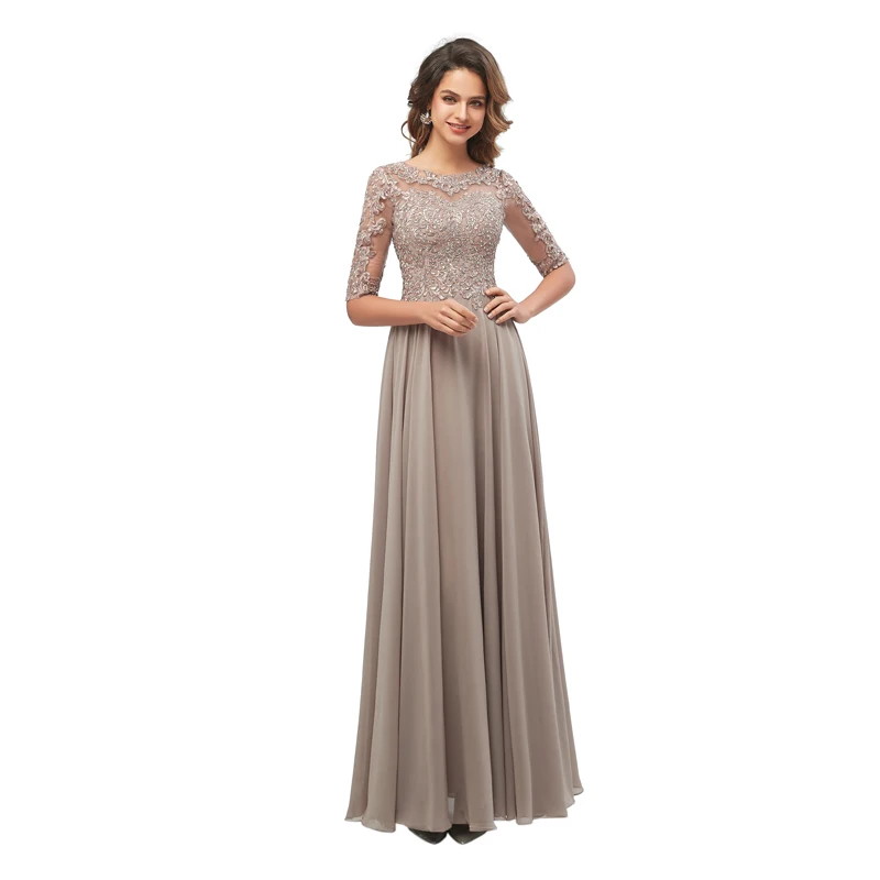 

Elegant Grey Lace Tulle A-Line Evening Dress Half Sleeves Women's Long Party Prom Dress Vestidos De Festa Longo