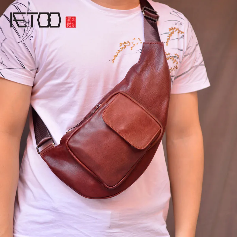 AETOO Leather casual chest bag, men's leather crossbody bag, fashionable and trendy dumpling bag