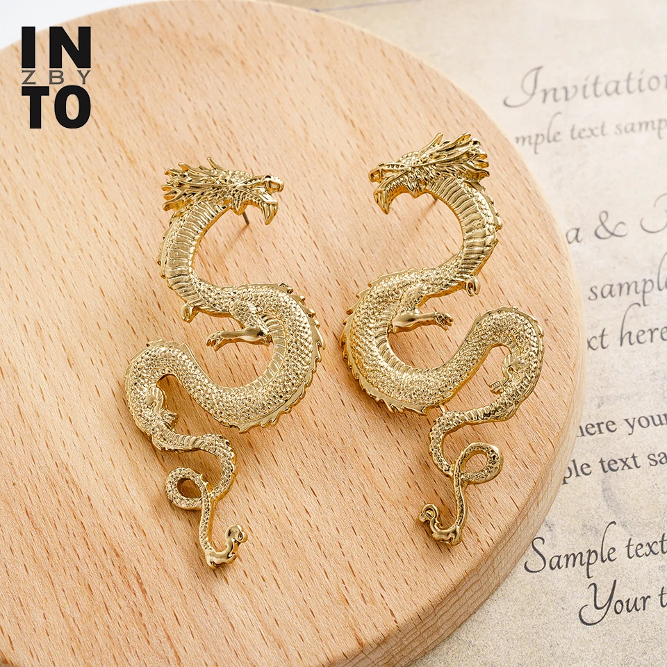 Женские винтажные серьги гвоздики в стиле панк с драконом золотистые