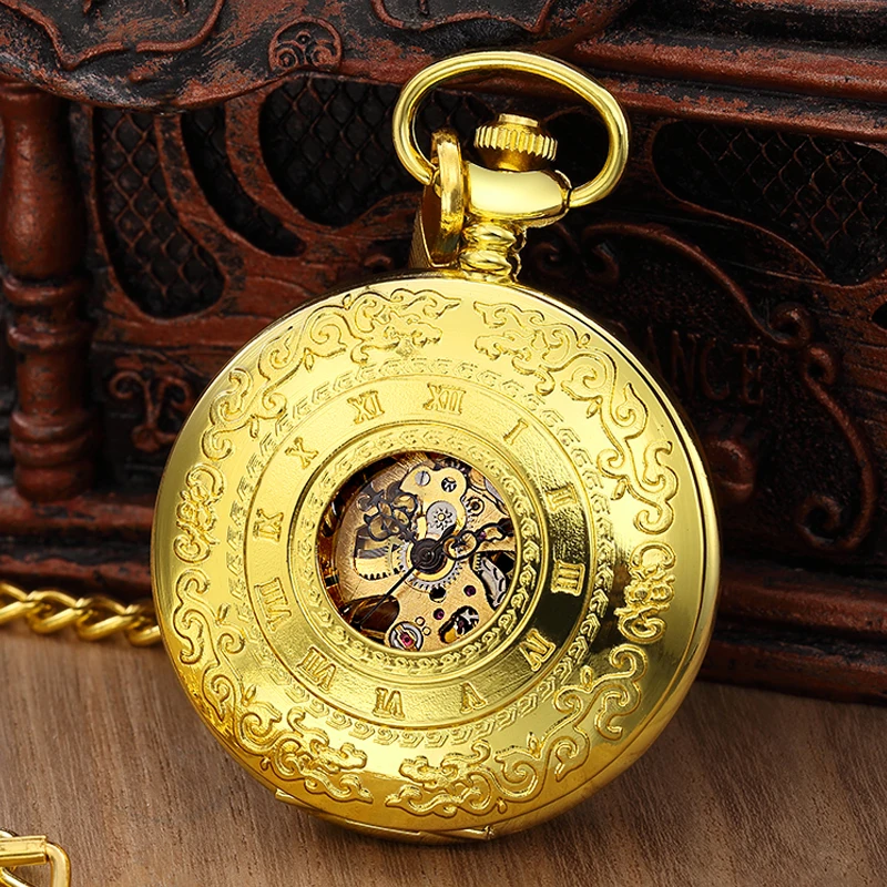 

Retro Carved Automatic Mechanical Pocket Watch Fob Chain Hand Winding Full Steel Golden Pocket Watch for Men Women Gift