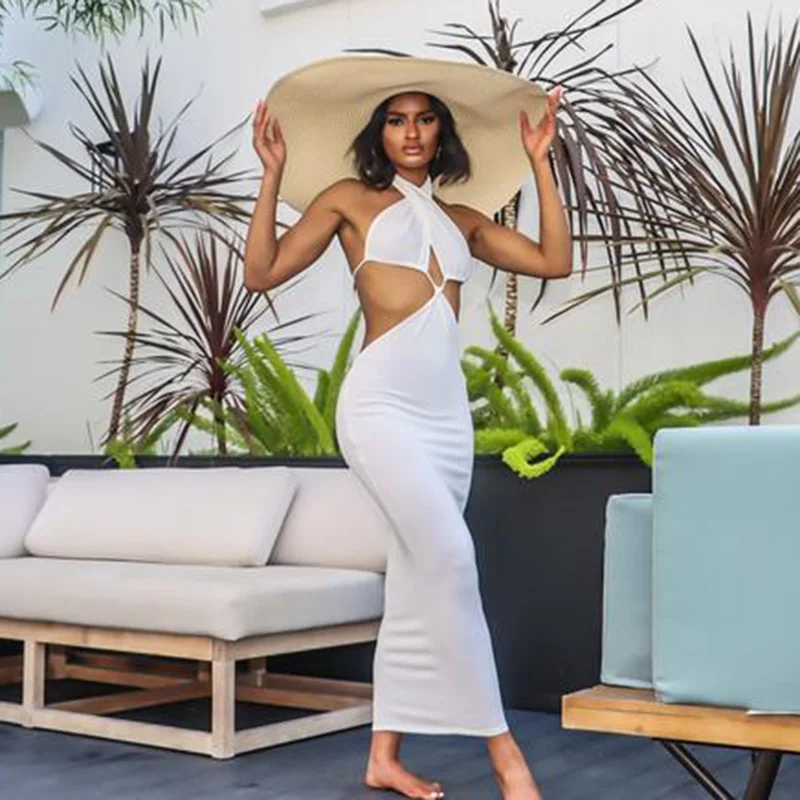 

CHRONSTYLE Women High Waist Hollow Out Halter Dress Fashion Solid Color Halter Neck Sleeveless Backless Long Dress White Yellow