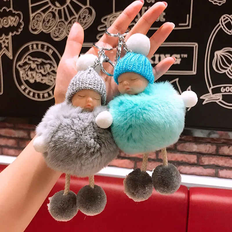 Женский брелок с помпоном и кроличьим мехом бантиком кукольный для ключей