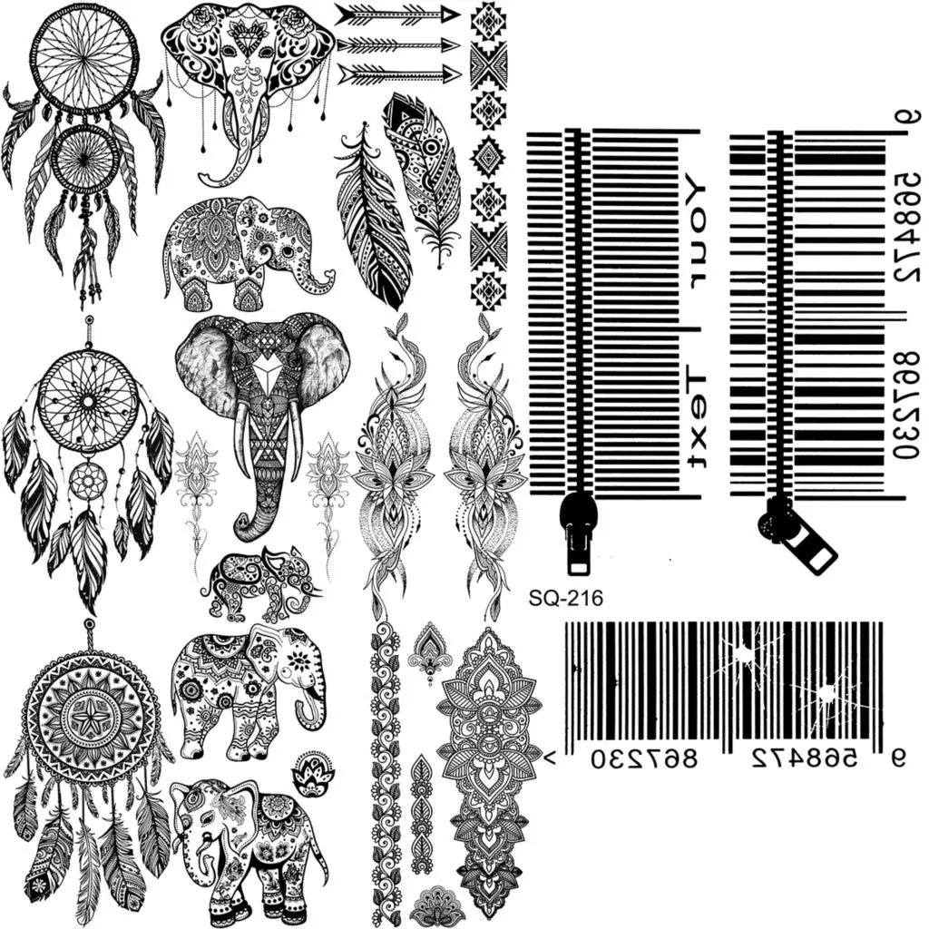 

Временные татуировки со штрихкодом для взрослых мужчин, реалистичный Ловец снов, слон, перо, стрела, хна, искусственная татуировка, наклейка, тату на заднюю панель