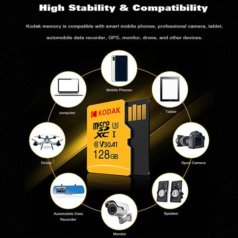 Kodak Memory Card Высокое Скорость 100 МБ/с. 32 Гб A1 Class 10 UHS I 64 128 ГБ Micro SD карта V30 U3 TF карты для