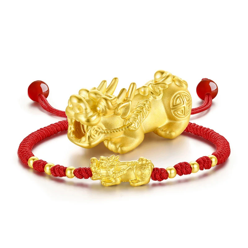 

Real 999 24K Yellow Gold Bracelet Women 3D Luck Bless Pixiu with 6pcs Smooth Bead Red Cord Weave Bracelet 1-1.5g