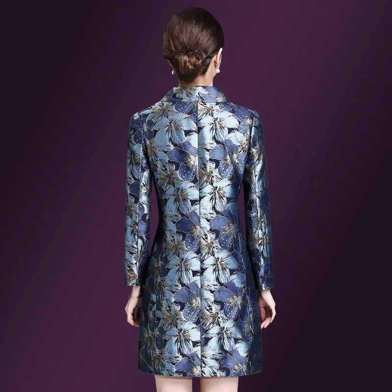 Женское длинное пальто с цветочным принтом облегающий двубортный винтажный