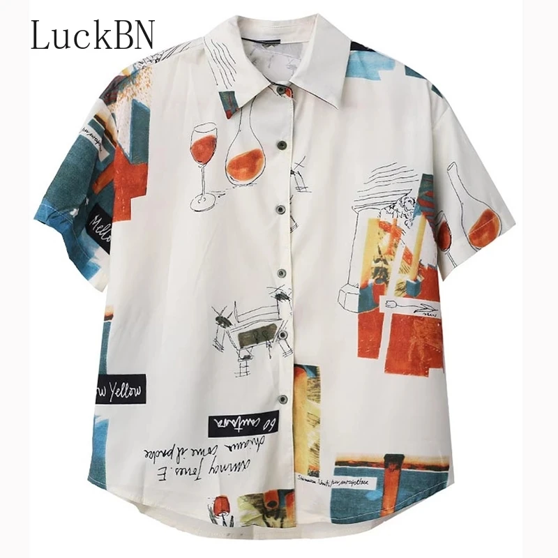 

Summer Blouses Women's 2021 New Turn Down Collar Print Blouse Short Sleeve Loose Blusas Retro Thin Shirt Top Holiday Style White