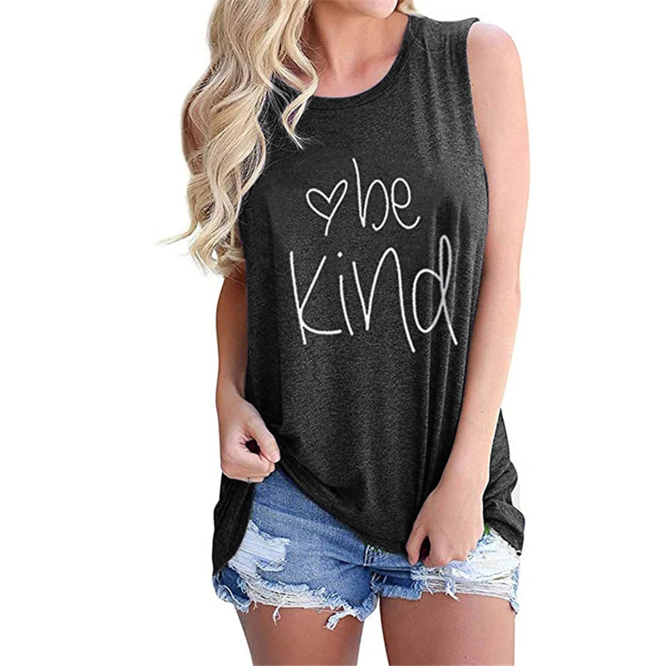 

2021 new Summer Hot Sale Explosion Model Women's Vest Sleeveless T-shirt Be Kind Letter Printed Round Neck Casual Black Tank Top