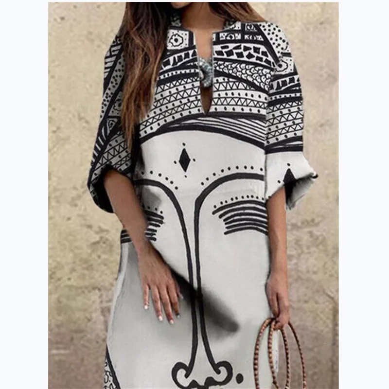 

2021 Spring Summer New Personality Fashion Face Print Loose Plus Size Dress Ethnic Tribal Style Big Swing Straight Maxi Dresses