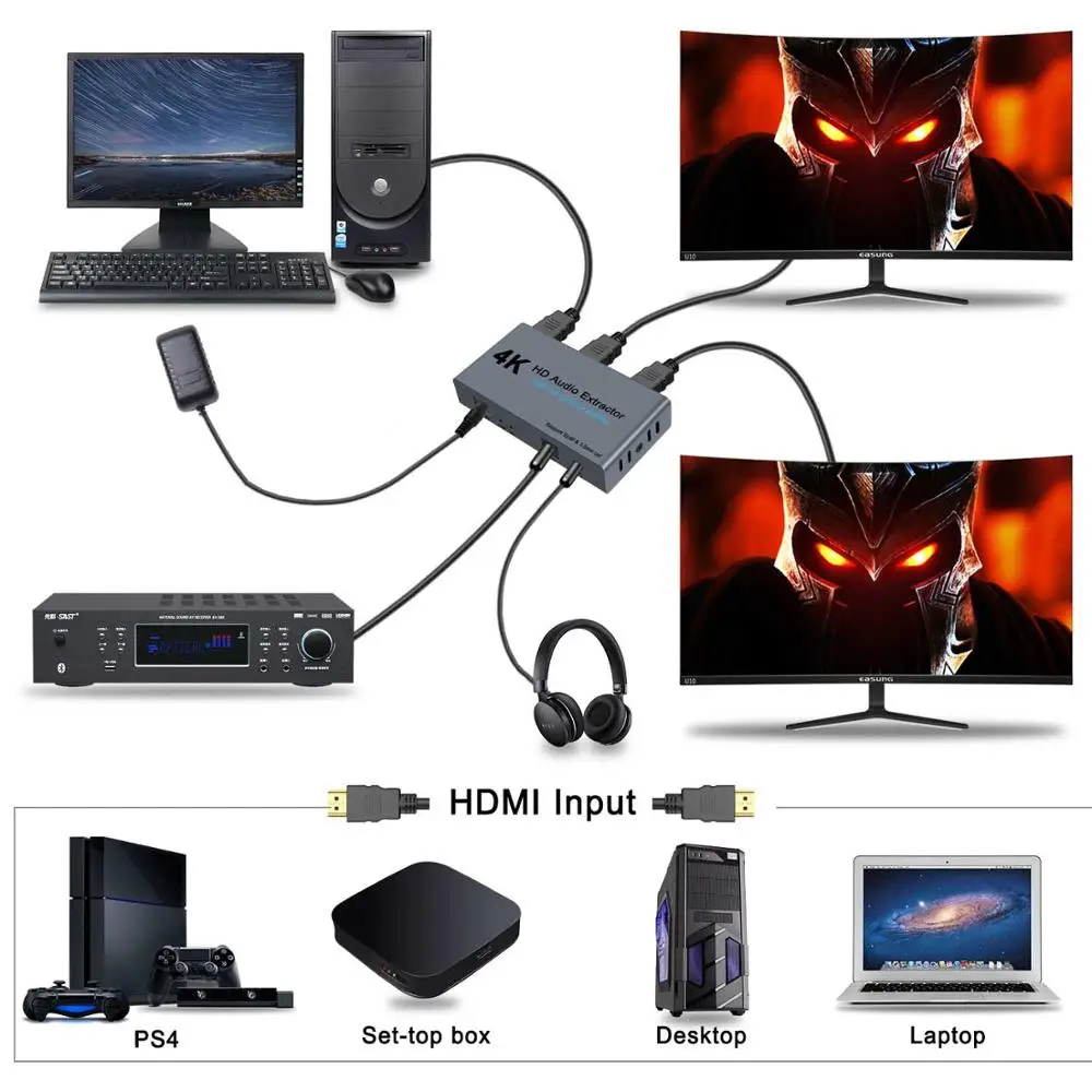 HDMI аудио сплиттер 1 вход 2 выхода HD х2 для HDTV PS4 4K с экстрактором 3 5 Jack переключатель