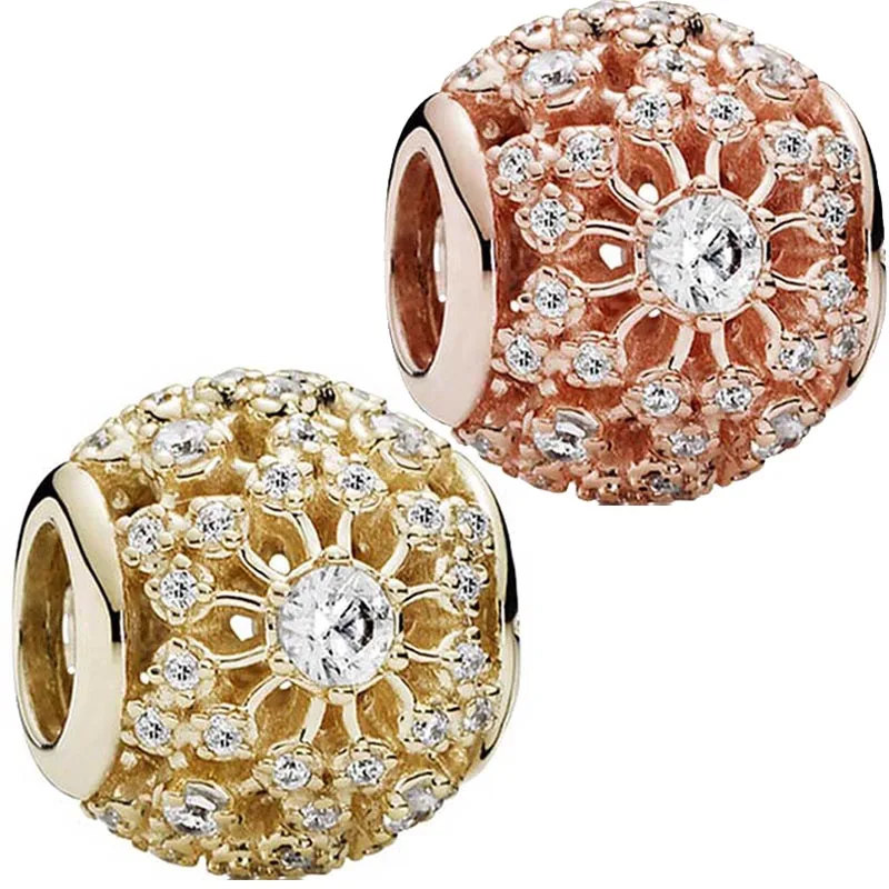 

Original 925 Sterling Silver Charm Rose Gold Openwork Rose Inner Radiance Bead With Crystal Fit Pandora Bracelet DIY Jewelry