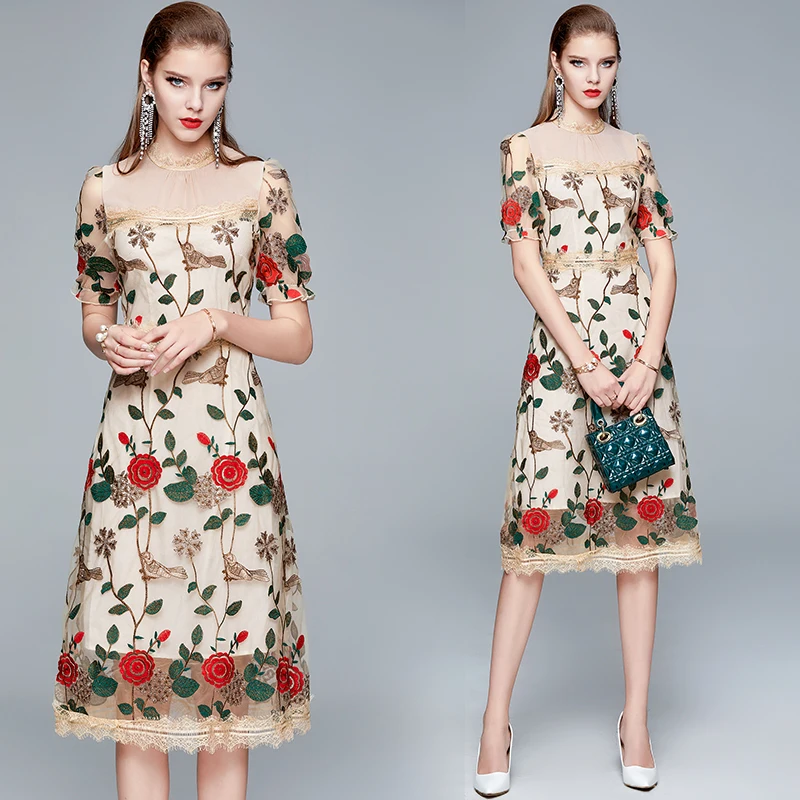 

2021 Spring Summer Runway Designer Mesh Flower Embroidery Dress Women Short Sleeve Midi Evening Party Robe Femme Sexy Vestido