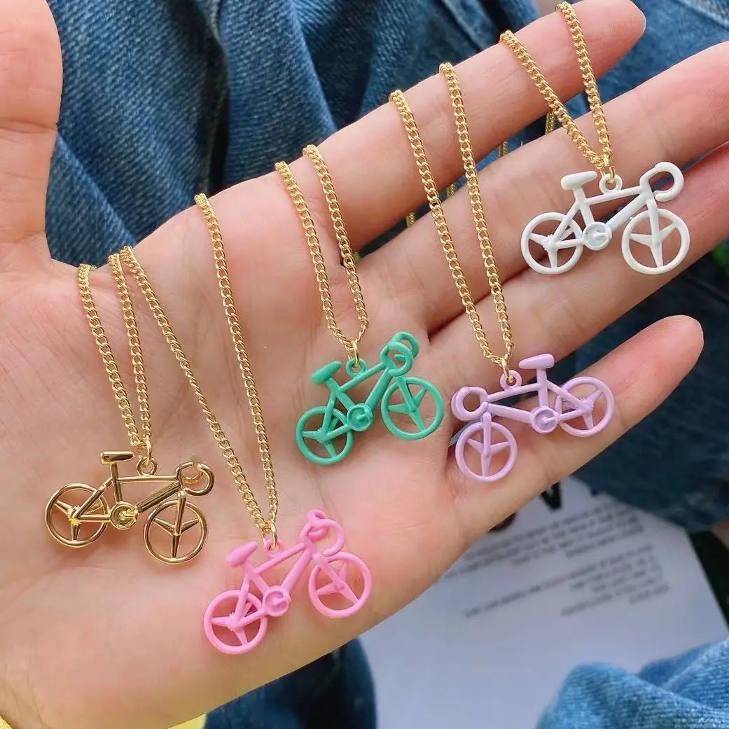 

5Pcs Popular gold chain cycling bicycle charms enamel pendant necklace short for men women