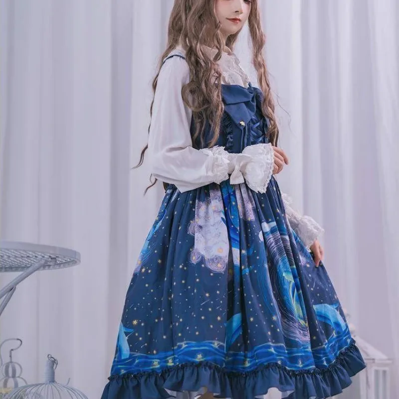 Женское платье в японском стиле Харадзюку милое голубое на бретельках В Стиле