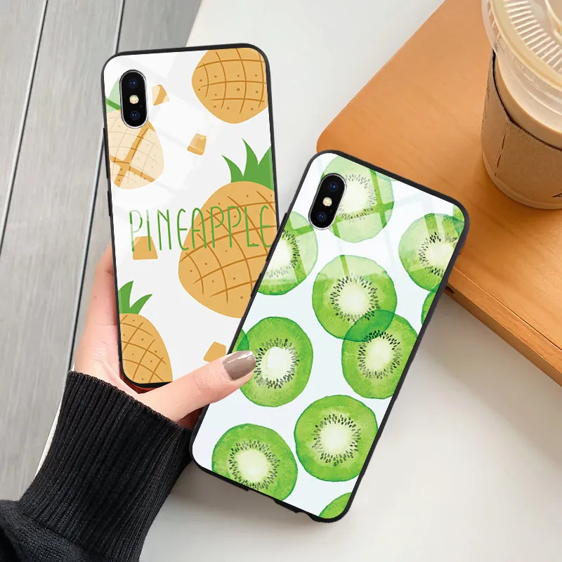 Case For iPhone 5 6 6s 7 8 Plus X XR XS Max Summer Fruits Tempered Glass Cover Ice Cream Patterned Girls Phone Back Cases |