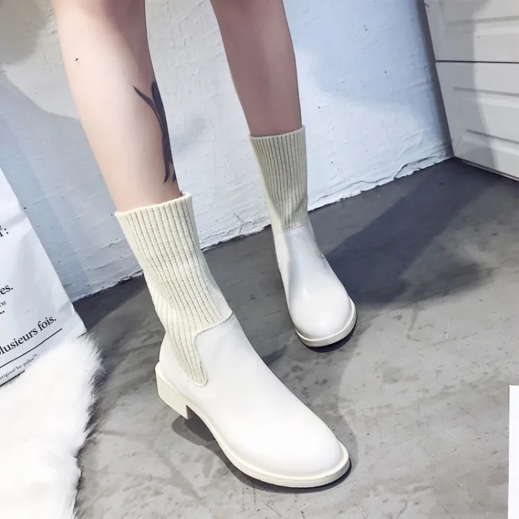 

Women Ankle Boot Autumn Elastic Socks Platform Shoes Ladies Fashion Party Square Heel Shoes Patent Leather Women Casual Boots