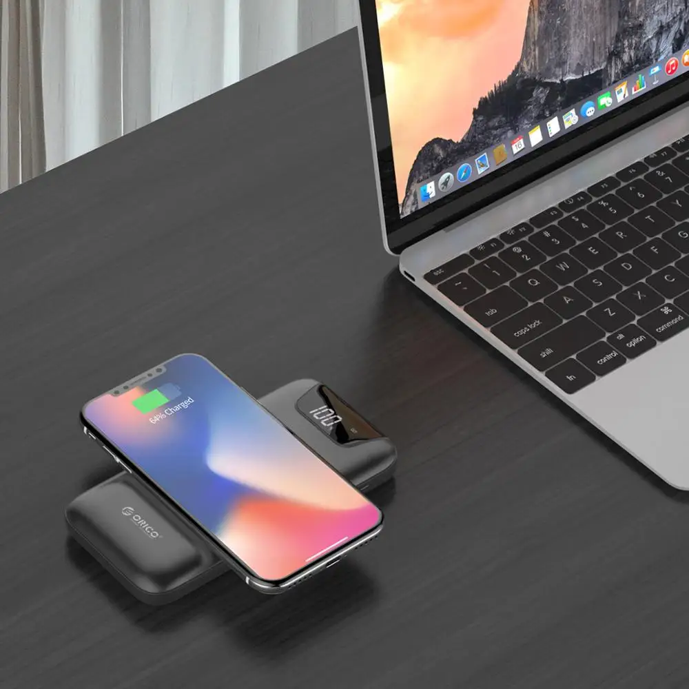 Внешний аккумулятор ORICO с ЖК дисплеем 10000 мАч Беспроводная зарядка два порта USB