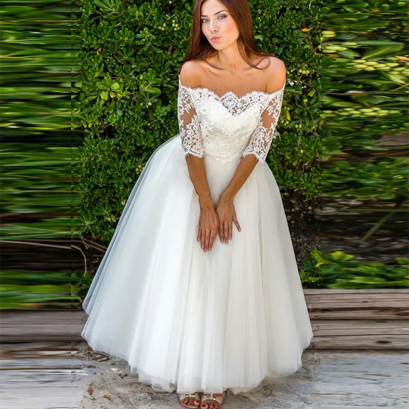 

New Arrival Wedding Dress Boat Neck Lace Bride Gown Custom made Ankle Length Half Sleeves Elegant Wedding Gowns