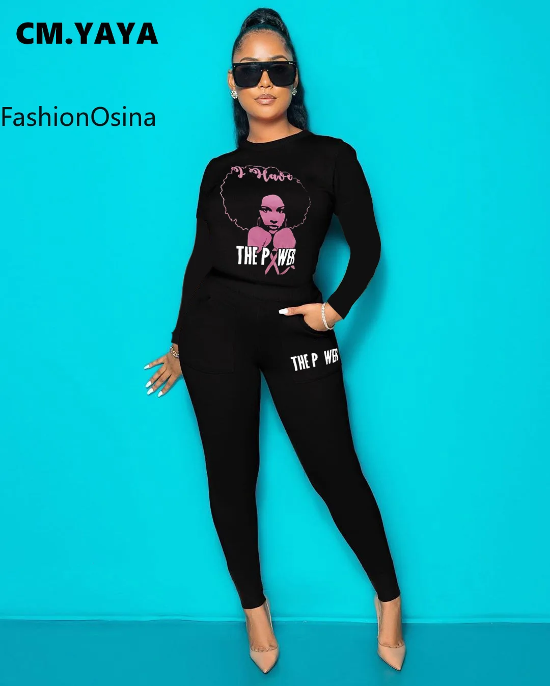 

F.O Full Sleeve Print Tshirts and Full Length Pants with Pockets Two Piece Set Women Spring Fall Sweat Suits 2 Piece Outfits