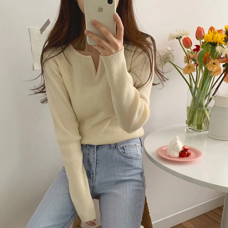 

Chic V-neck Basic Women Knitted Tops Sweater 2022 Autumn Winter Long Sleeve Stretched Slim Female Pullover Sweaters