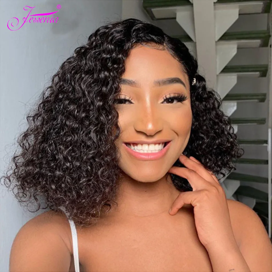 

Kinky Curly Human Hair Wigs Short Bob Wigs Wet And Wavy 4X4 Lace Closure Wigs Brazilian Hair Wigs Natural Color Remy Jerry Curl