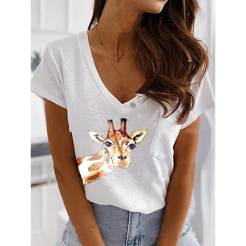 

Fashion Solid Color Oversized V-Neck T-Shirt lovely Short-Sleeve Casual Female Women Summer Clothes Tops Harajuku Sexy