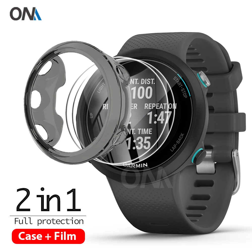 2+1 Protector Case + Screen Protector for Garmin Swim 2 smart watch Soft TPU Protective Cover Shell Tempered Glass Film