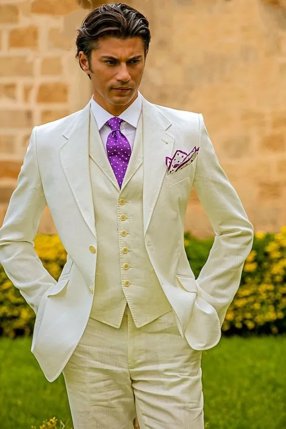 Высококачественный бежевый льняной итальянский мужской костюм облегающий из 3