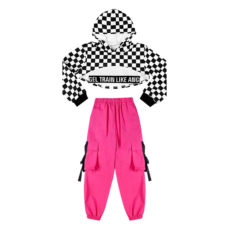 

2021 Girls Jazz Dance Clothes Kids Autumn/Winter Plaid Tops Rose Red Pants Modern Hip-Hop Street Dance Performance Clothing