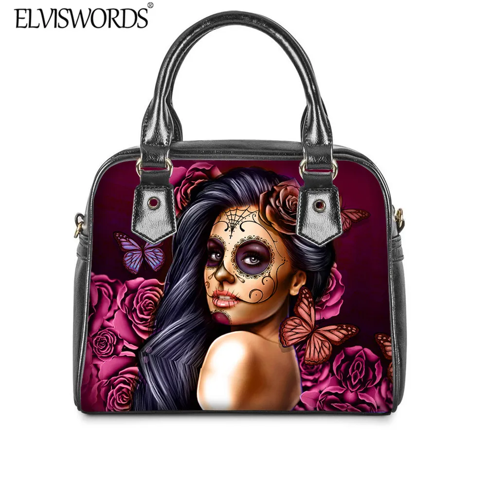 

ELVISWORDS женская модная сумка из искусственной кожи, Готическая сумка для девушек с принтом черепа, женская сумка через плечо и кошелек, сумка ...