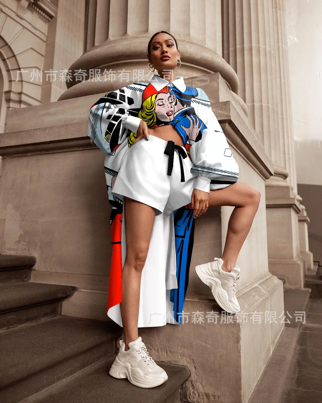 

Женский комплект из двух предметов, Длинный топ и шорты с принтом, осень 2021