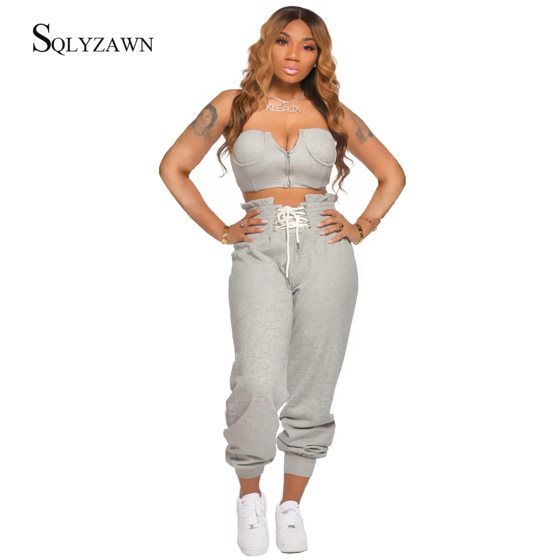 

Solid Bandages Tracksuit Strapless Zipper Crop Top and High Waist Trousers Two Piece Set Casual Workout Sporty Outfits Plus Size