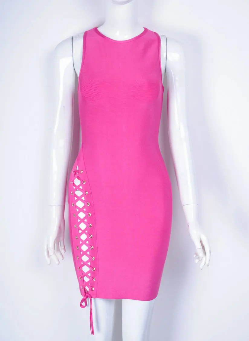 

High Quality Pink Sleeveless Weaving Open Fork Bodycon Rayon Bandage Dress Elegant Club Party Dress Vestidos