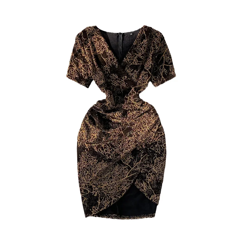 

2021 Summer New Korean V-neck Irregular Dress Fashion Women Waist Thin Split Hip Bright Silk Dresses For Lady Office