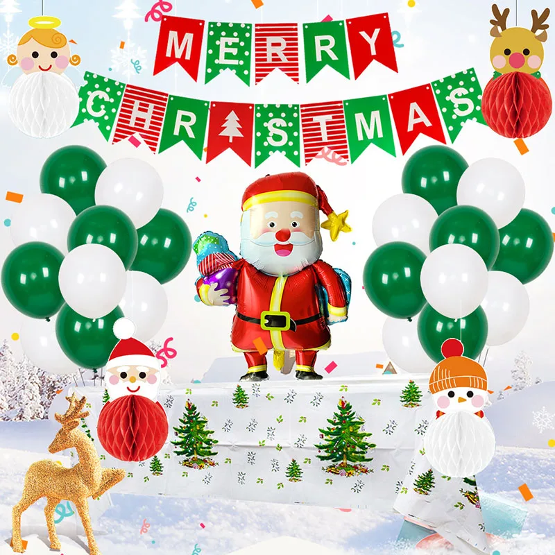 

Christmas Party Decoration Balloon Set Including Aluminum Film Balloon Banner Table Cloth Hanging Pendant Background Kit