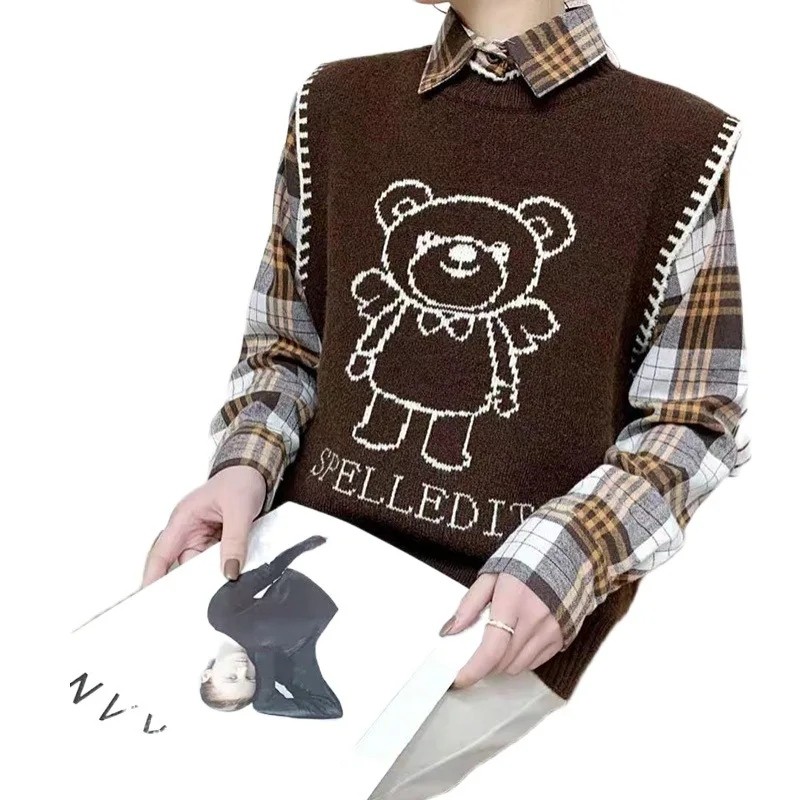 

2021 New Loose Outer Wear Bear Knitted Vest Spring Lazy Wind Waistcoat Women's Sweater All-match