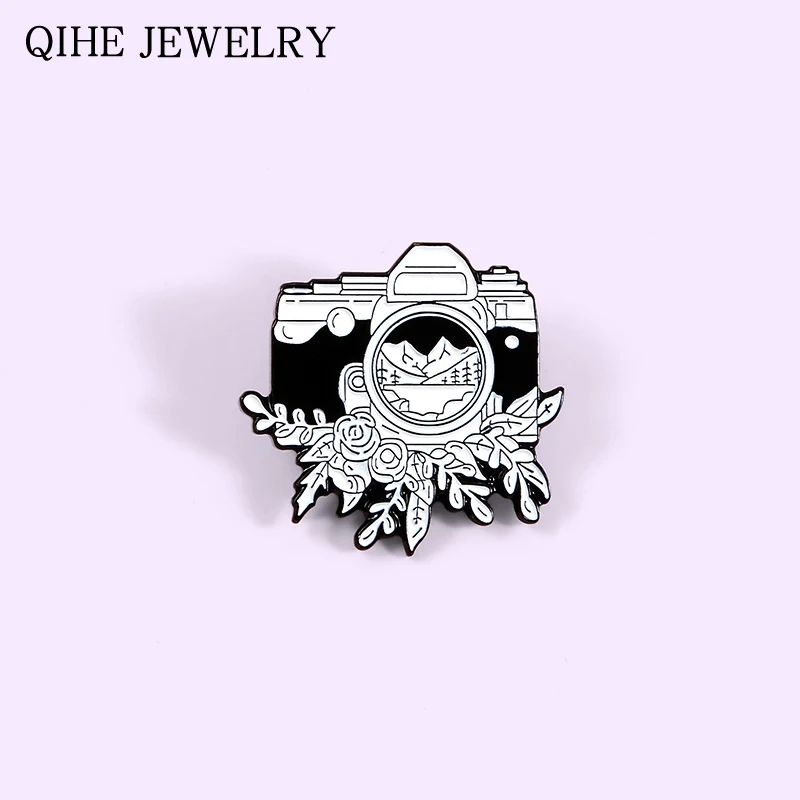 

Camera Landscape Leaves Flower Mountain Enamel Pin Black White Camera Badge Outdoor Photography Metal Brooch For Women Men