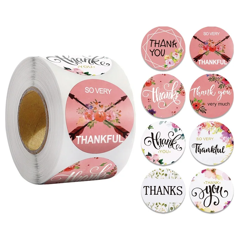 

500pcs 2.5cm Floral Thank You Gift Labels Adhesive Paper Round Stickers Thanks Thankful Gift Package Decor Scrapbooking Crafts
